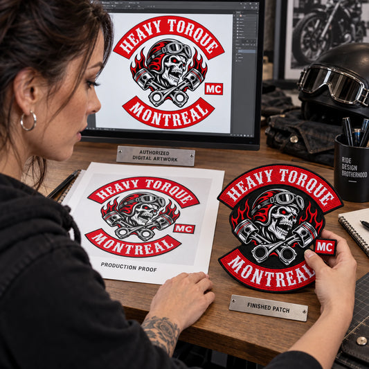 Designer comparing a digital diamond patch proof with a finished physical sample for a motorcycle club.