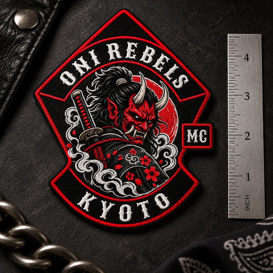 Large four-inch diamond patch with a bold fictional emblem and detailed stitching for a motorcycle club.