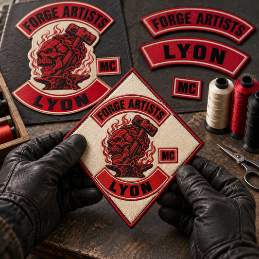 Custom diamond patch compared with coordinated back patch, rocker and name bar samples for a motorcycle club.