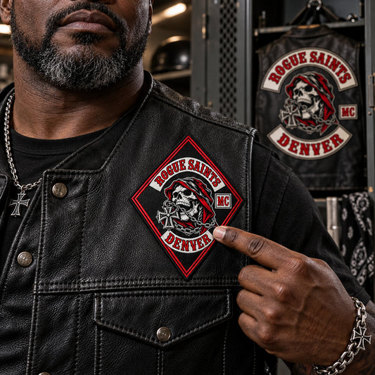 Mature rider wearing a compact personalized diamond patch on a black leather vest.