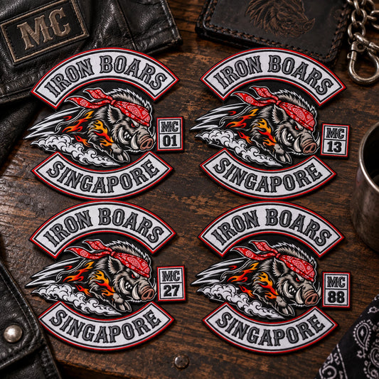Coordinated personalized diamond patches prepared for four motorcycle club members.