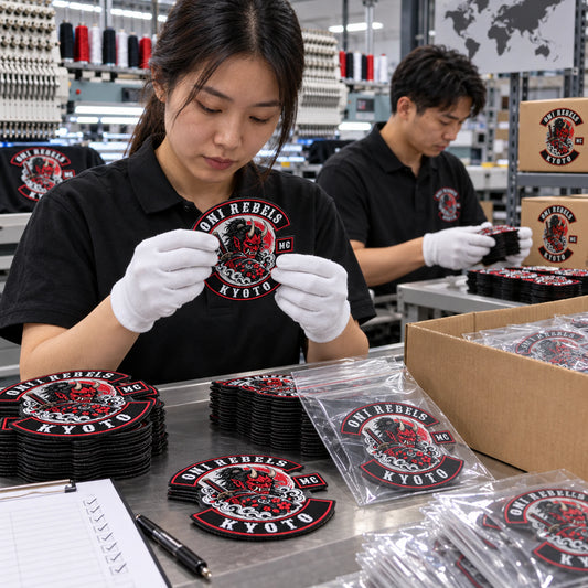 Finished custom diamond patches being counted, inspected and packed for worldwide shipping for a motorcycle club.