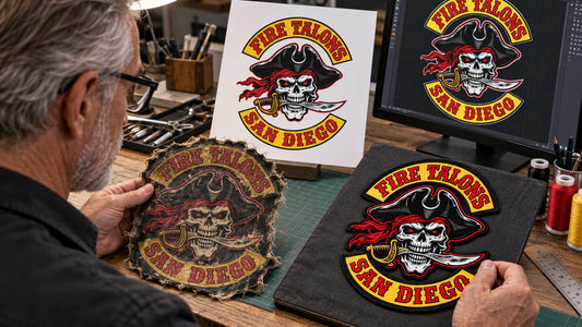 Worn diamond patch compared with a reconstructed digital proof and a new embroidered sample for a motorcycle club.