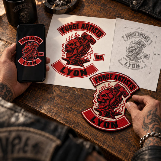 Existing diamond patch, sketch and reference photograph arranged for artwork submission for a motorcycle club.