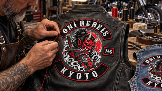 Experienced craftsperson sewing a diamond patch securely onto a black leather motorcycle vest.