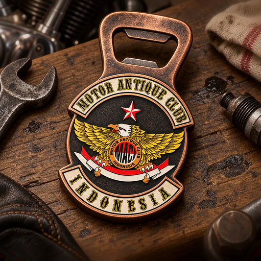 Solid antique-copper motorcycle club bottle opener with a commemorative aged finish.