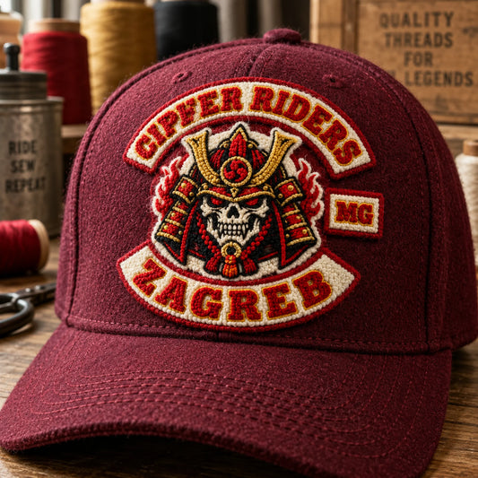 Burgundy motorcycle club cap with a raised chenille logo patch showing thick looped yarn texture.