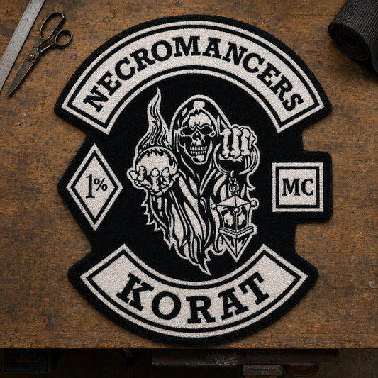 A contour-cut motorcycle club rug follows the border of approved club artwork.