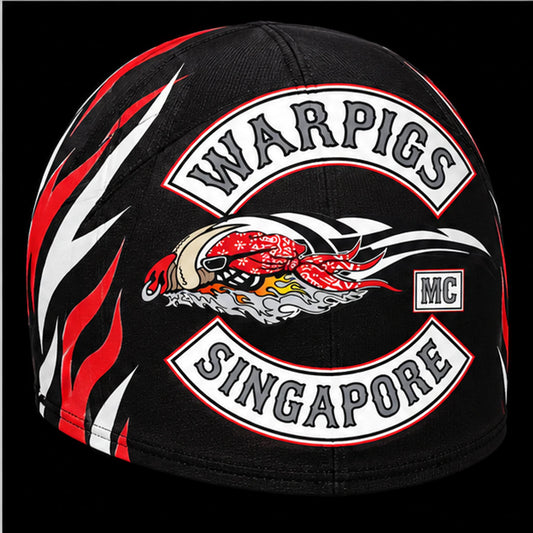Officer Title custom motorcycle club skull cap with an approved full-coverage club design.