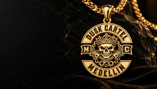 Premium custom solid 18K gold motorcycle club pendant concept for Dusk Cartel Medellin.