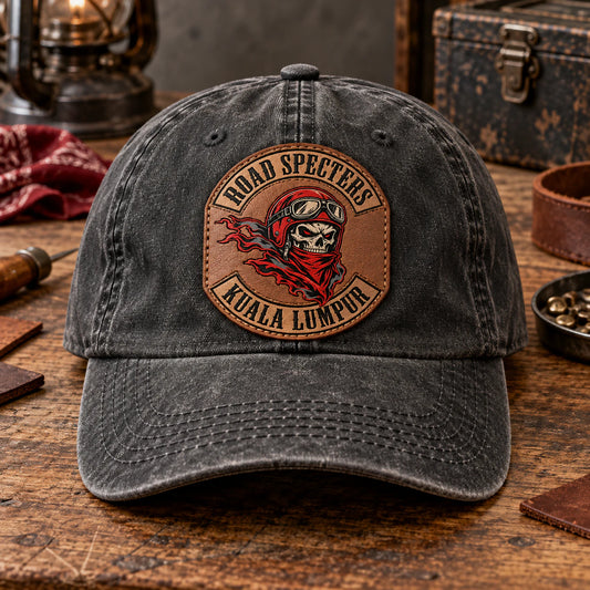 leather patch motorcycle club vintage dad hat with an authorized club logo.