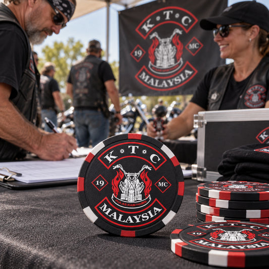 Solid charity-ride poker chip shared with motorcycle event volunteers.