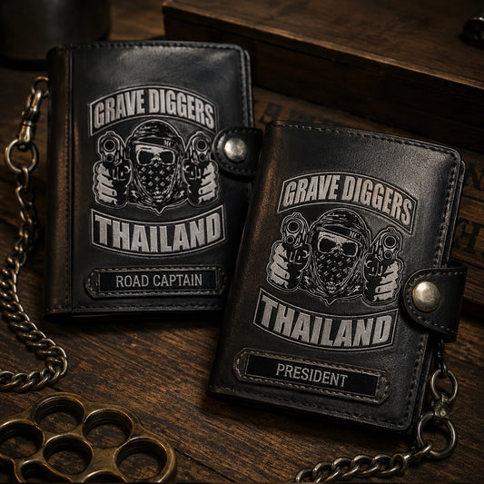 Personalized motorcycle club wallets sharing one authorized logo with different member names and officer positions.