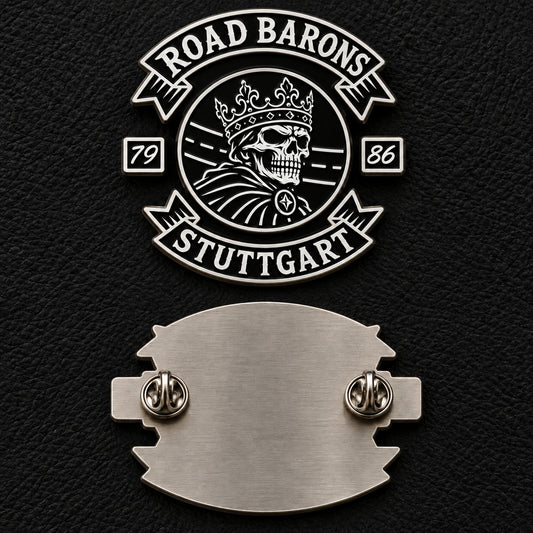 Wide Road Barons Stuttgart enamel pin shown front and back with two posts and two clutches to reduce rotation.