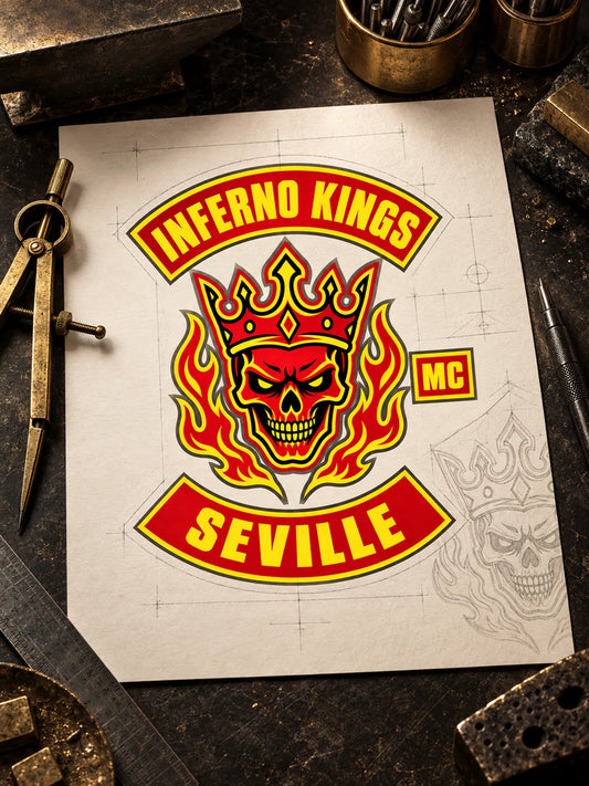 Authorized Inferno Kings Seville motorcycle club artwork prepared for a custom solid 18K gold pendant design.