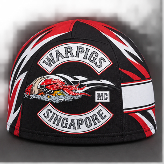 Member Name or Number custom motorcycle club skull cap with an approved full-coverage club design.