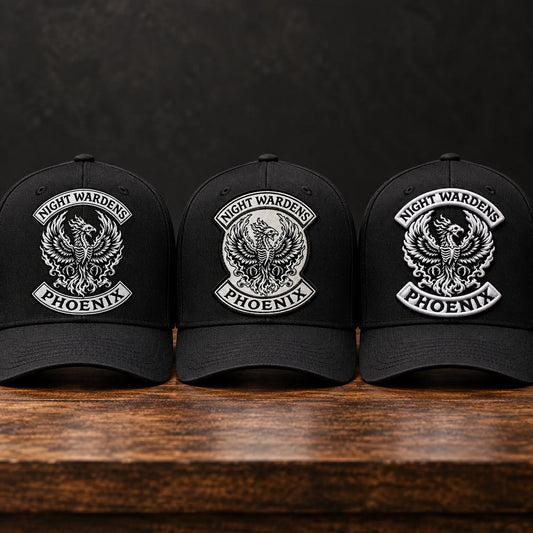 Three custom motorcycle club cap samples comparing embroidery and patch finishes using one authorized logo.
