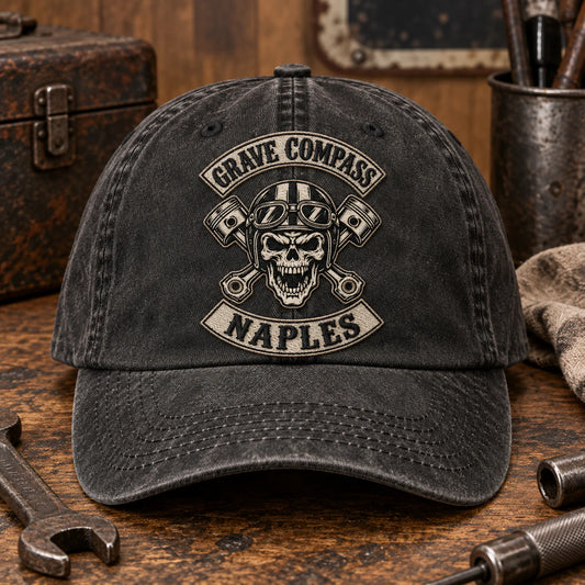 muted thread embroidery motorcycle club vintage dad hat with an authorized club logo.