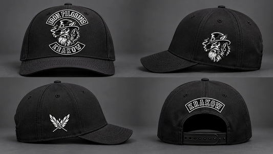 Four views of a motorcycle club cap showing authorized logo placement on the front, sides and back.