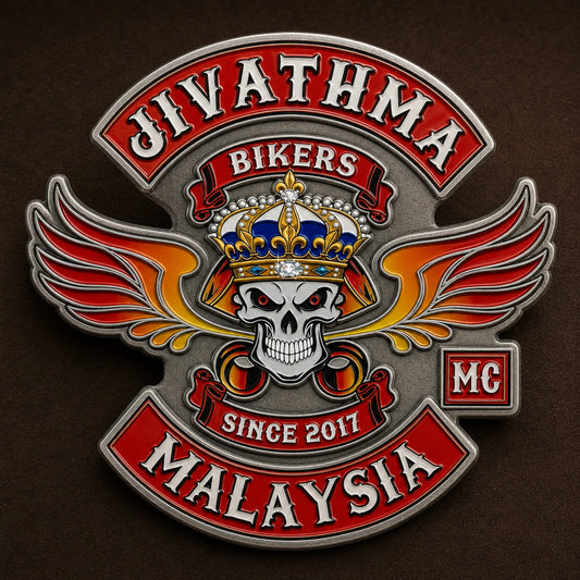 Jivathma motorcycle club chapter pin with a continuous metal outline and clearly visible multicolor enamel cells.