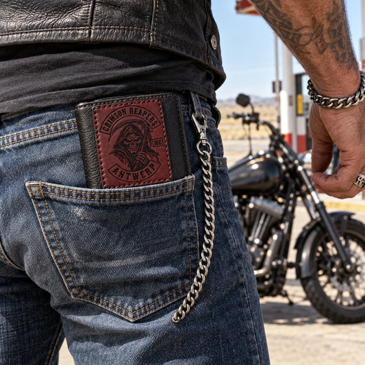 Chain-secured motorcycle club rider wallet with a stitched monochrome Crimson Reapers Antwerp leather inlay.