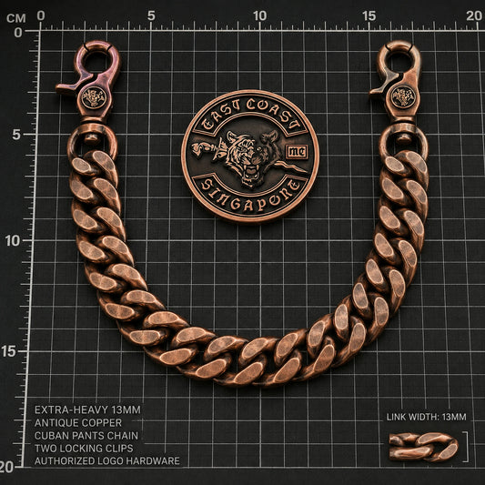 Extra-heavy 12 mm plus chain comparison featuring an authorized motorcycle club logo.