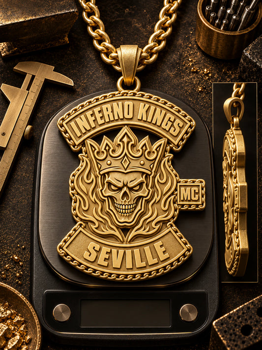 Solid 18K gold Inferno Kings Seville motorcycle club pendant reviewed on a jeweler’s scale with calipers.
