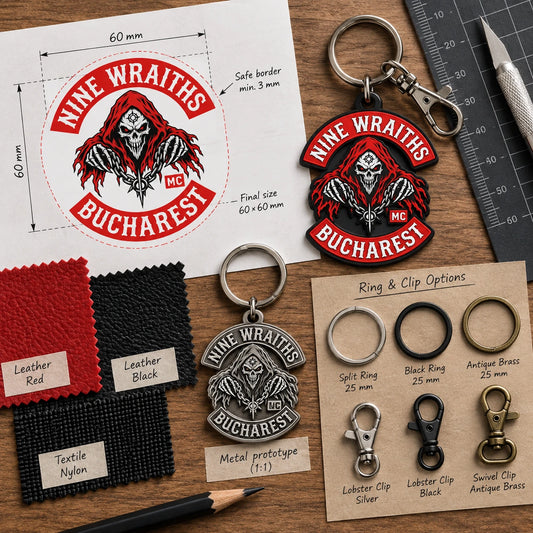 Custom motorcycle club keychain design support with material swatches and an authorized logo reference.