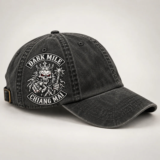 left side chapter motorcycle club vintage dad hat with an authorized club logo.