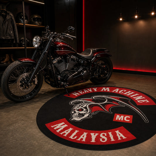 A custom club rug creates a display area beside an American V-twin motorcycle.