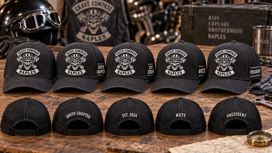 Personalized motorcycle club caps with an authorized logo and coordinated chapter and member details.