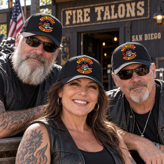 Motorcycle club members wearing matching custom caps with an authorized club logo.