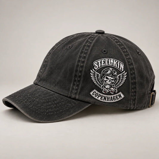 right side detail motorcycle club vintage dad hat with an authorized club logo.