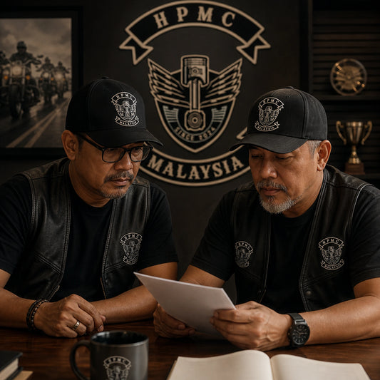 Chapter officers wearing coordinated motorcycle club caps with an authorized club emblem.