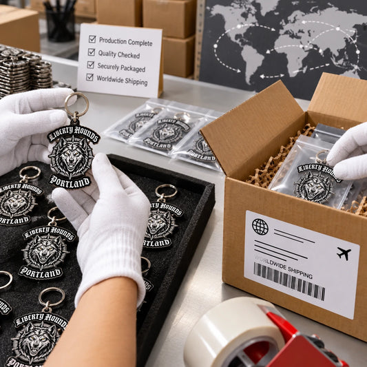 Finished motorcycle club keychains with an authorized logo packed for worldwide club and chapter shipping.