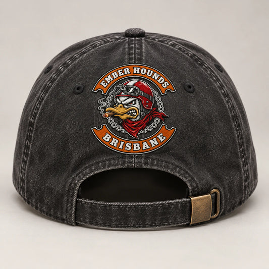 rear closure embroidery motorcycle club vintage dad hat with an authorized club logo.