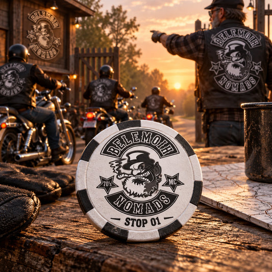 Solid Stop 01 poker chip issued at the start of a motorcycle ride challenge.