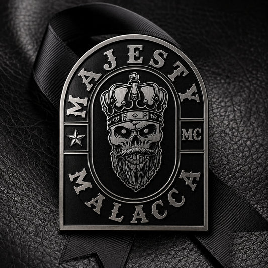 Respectful motorcycle club memorial pin; non-circular memorial plaque shape with a solid one-piece metal backplate.