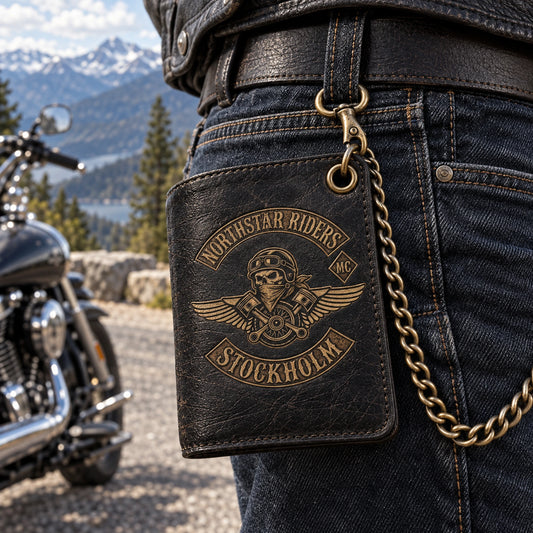Chain-ready black wallet with antique-brass Northstar Riders Stockholm artwork and reinforced grommet.