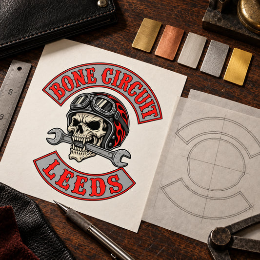 Bone Circuit Leeds motorcycle club logo and anniversary badge design brief with natural-metal samples.