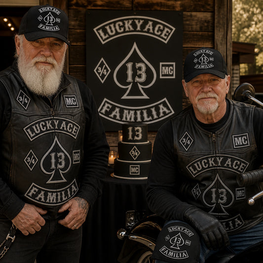 Commemorative motorcycle club anniversary cap displaying an authorized club logo element.