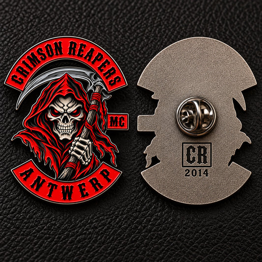 Crimson Reapers enamel pin front and back showing a recessed back stamp, welded post and butterfly clutch.