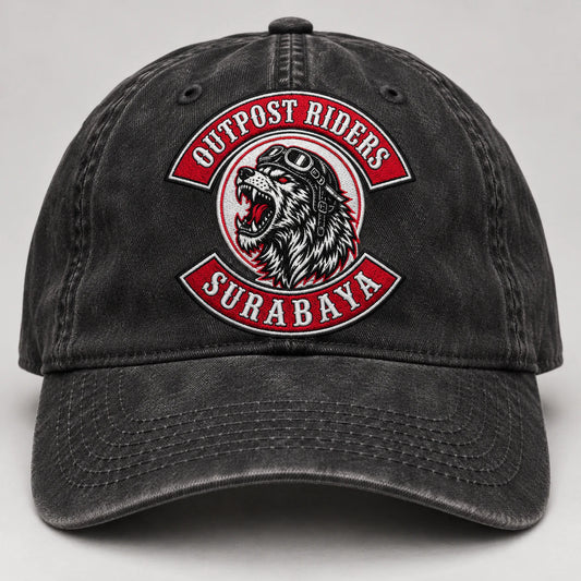washed black motorcycle club vintage dad hat with an authorized club logo.