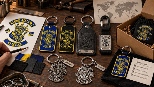 Motorcycle club keychain design and order support shown through artwork, material samples, personalized pieces and worldwide-ready packaging.