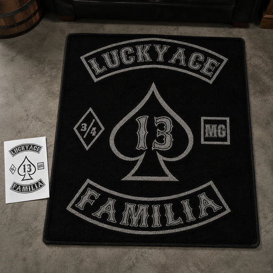 A detailed motorcycle club rug is compared with its approved artwork proof.