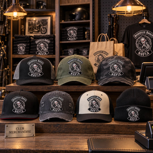 Official motorcycle club caps arranged for sale at a clubhouse merchandise counter.