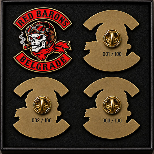 Three Red Barons limited-edition pin backs numbered 001, 002 and 003 of 100 with attached clutches.