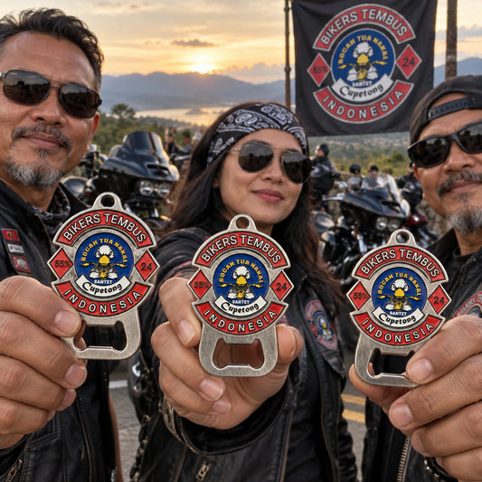 Coordinated solid bottle openers for motorcycle club chapters at an international gathering.