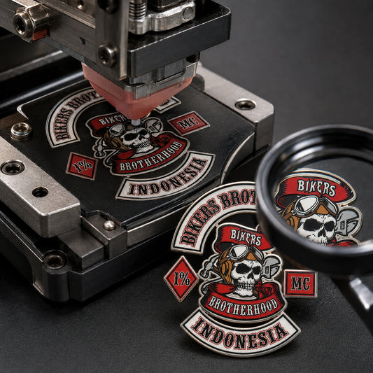 Bikers Brotherhood motorcycle club enamel pin receiving fine-detail pad printing, with printed micro linework inspected through a magnifying loupe.