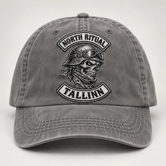 stone grey motorcycle club vintage dad hat with an authorized club logo.